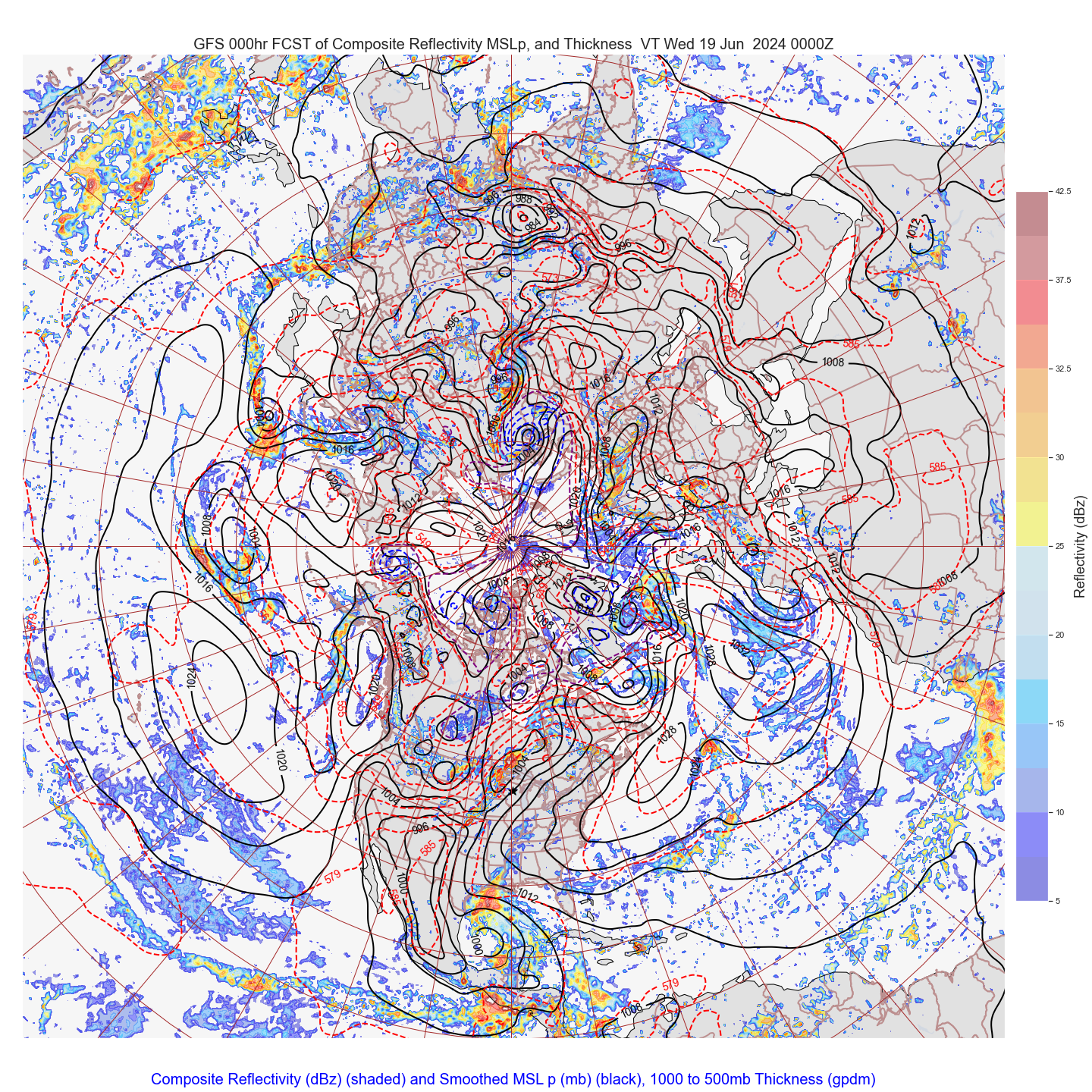 Hemispheric MSL Pressure, 1000 to 500mb Thickness and Simulated Reflectivity